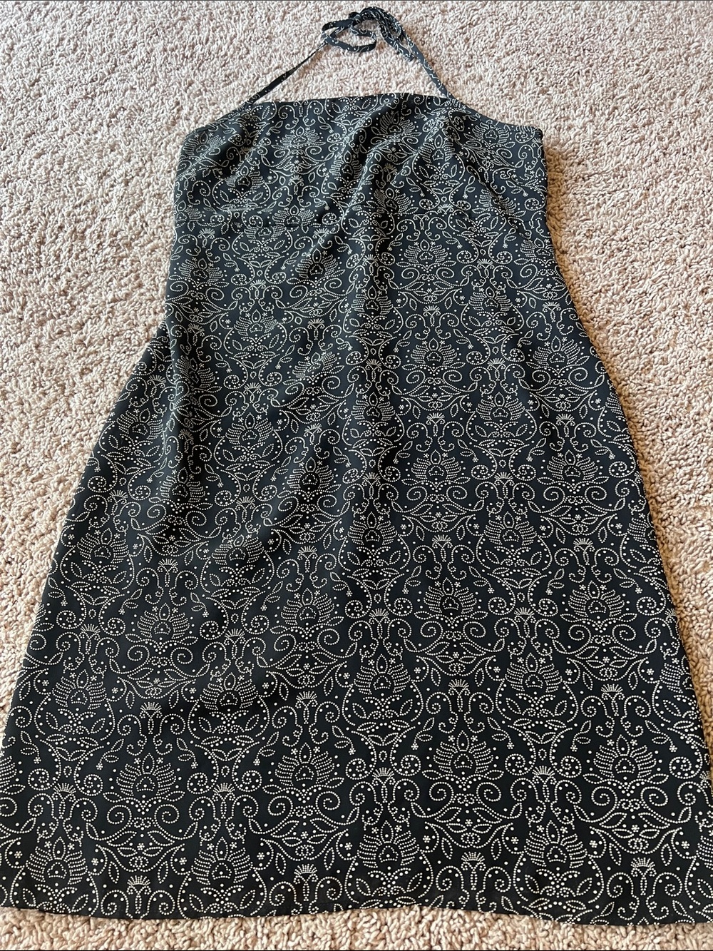 90’s Vintage Dress Black Halter Dress with White Floral Paisley Print Size M